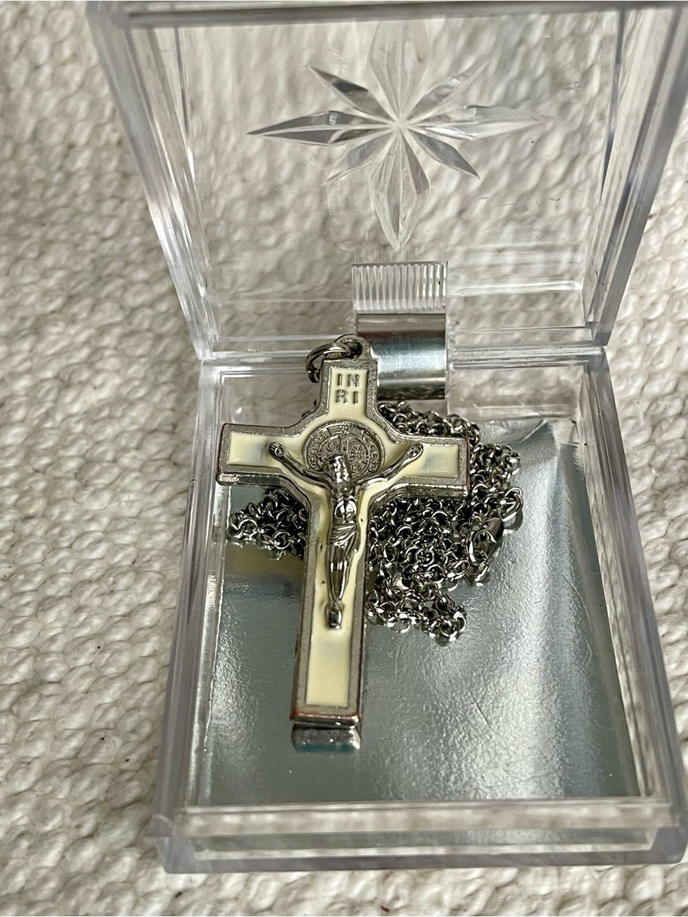 Silver-tone St. Benedict “Evil-Chasing” Crucifix Necklace with Cream Inlay
